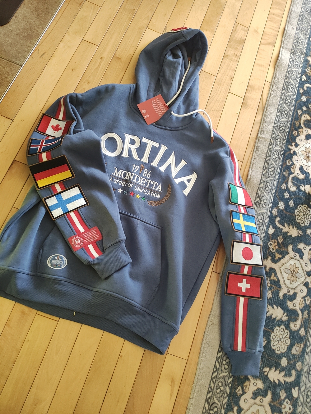 Mondetta Slate Blue Pullover Hoodie with International Flag Patches. M
